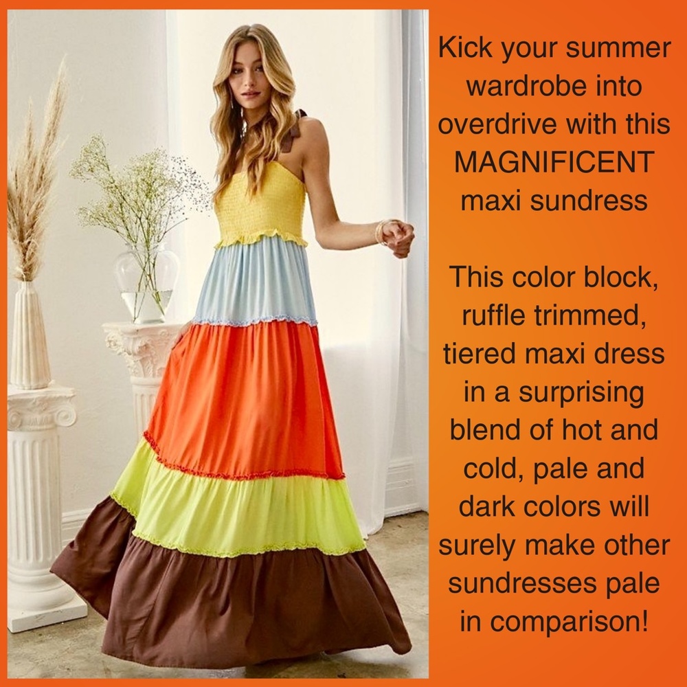 Lux Smocked Bodice Ruffle Trim Tiers Part Lined Skirt Shoulder Ties - Picture 10 of 16